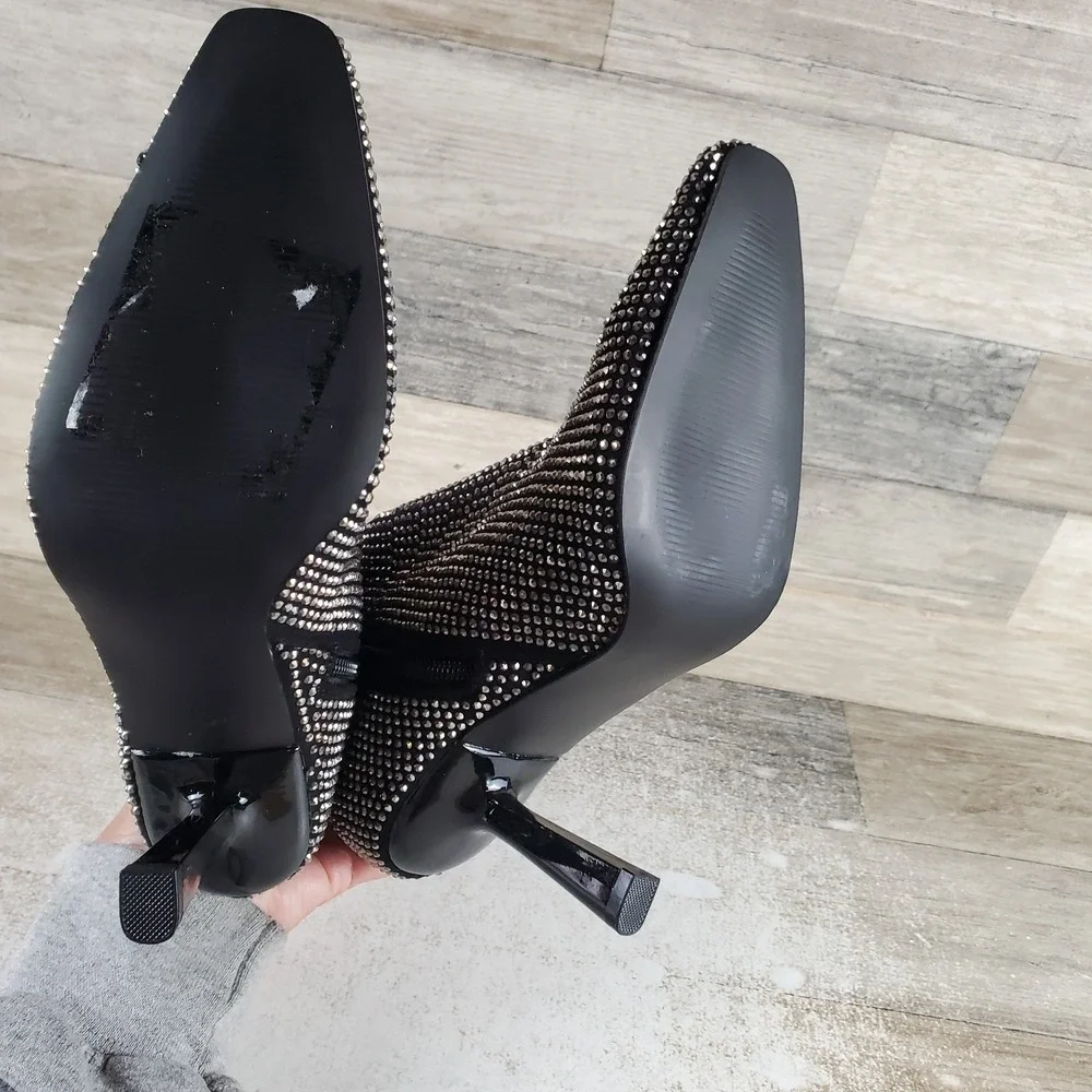 Steve Madden Vakay Womens Ankle Bootie Sz 6 Black Rhinestone Side Zip Pointy Toe